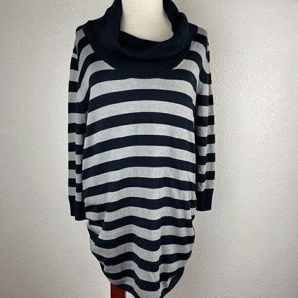 August Silk Black and Gray Striped Cowl Neck Sweater Size M EUC - Picture 1 of 8